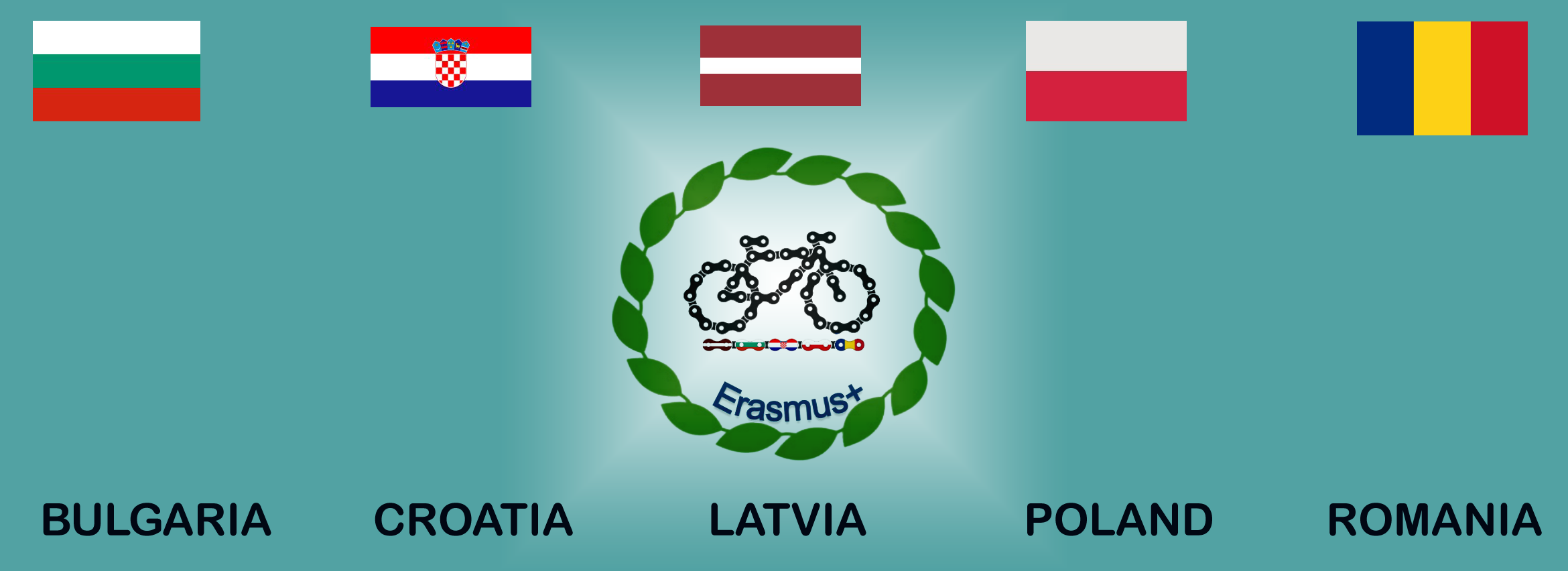 logo erasmus+ oraz flagi Bułgarii, Chorwacji, Łotwy, Polski, Rumunii